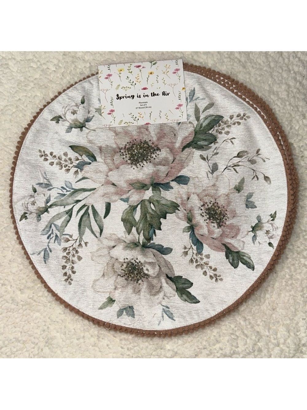 Set of 4 Spring is in the Air White Green Tan Floral Round Beaded Place Mats